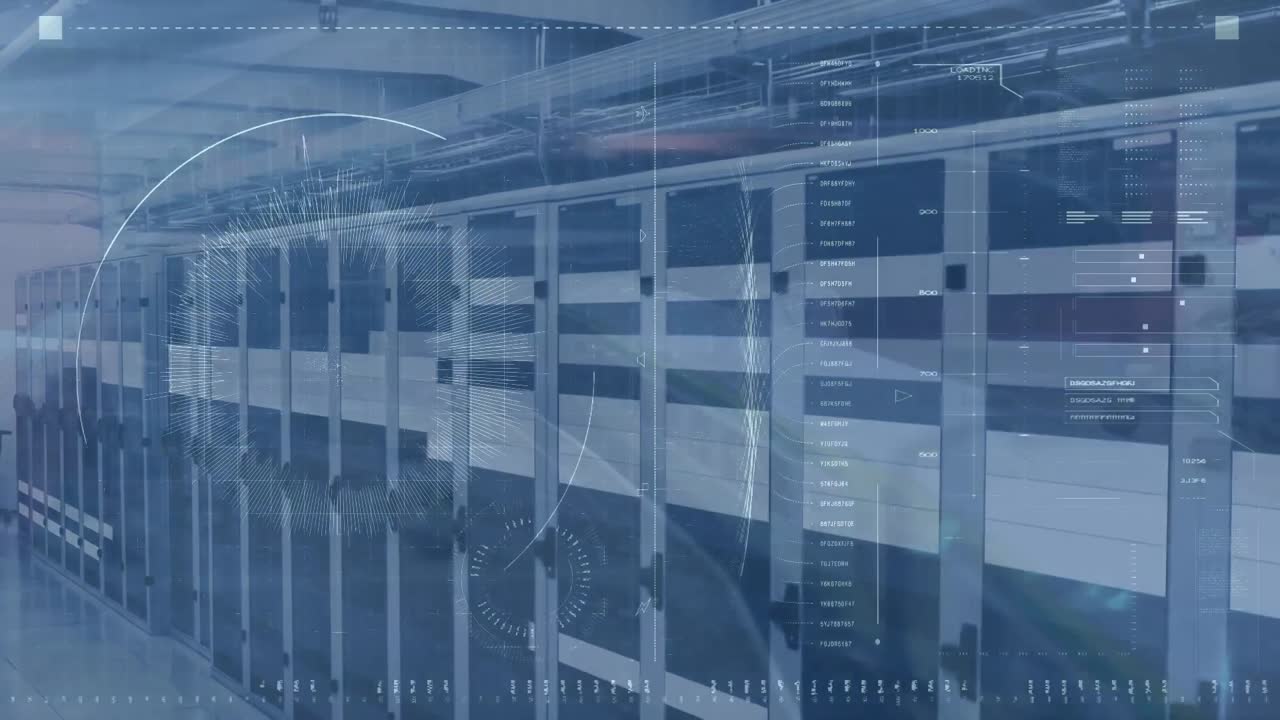 Animation of data processing with scope scanning over server room