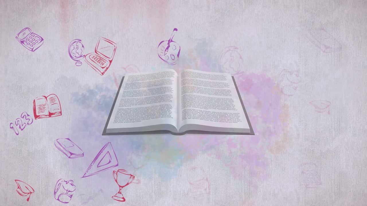 libro abierto contra los iconos del concepto de la escuela en fondo blanco