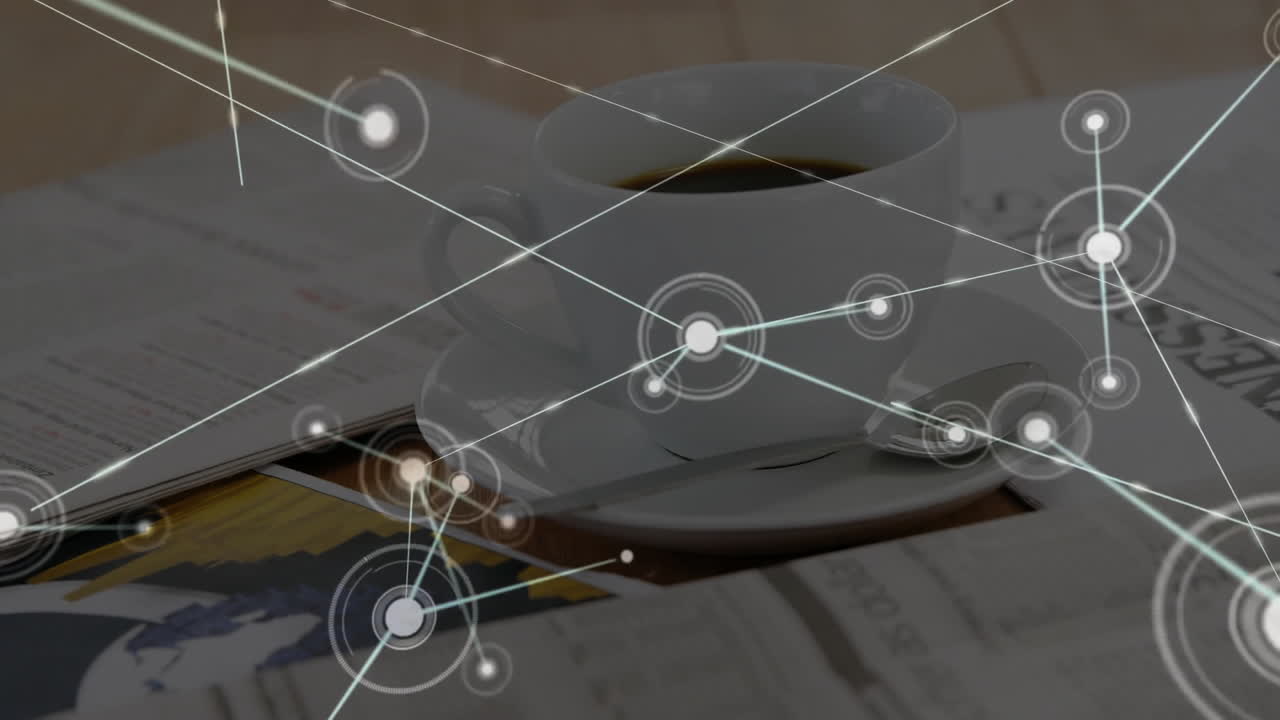 3D coffee cup being surrounded by floating network nodes over financial news on wooden tabletop