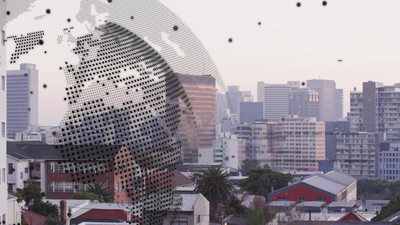 On play halftone globe rotating and translating over urban rooftop view, revealing skyline details