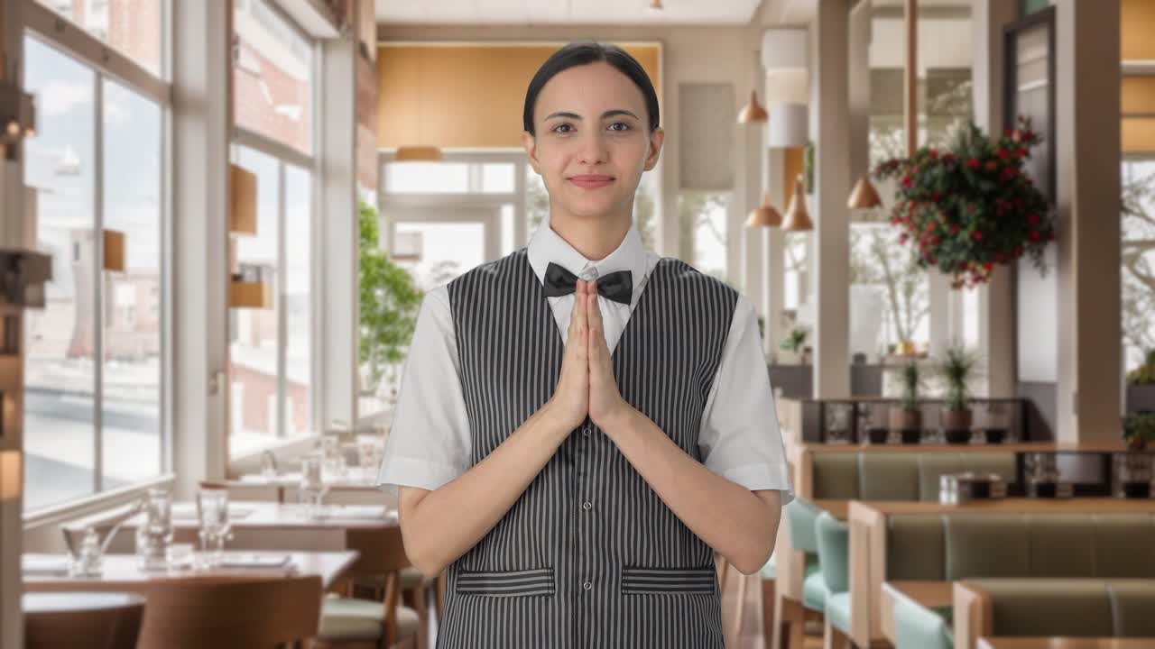 mujer india feliz camarera dando la bienvenida a los clientes
