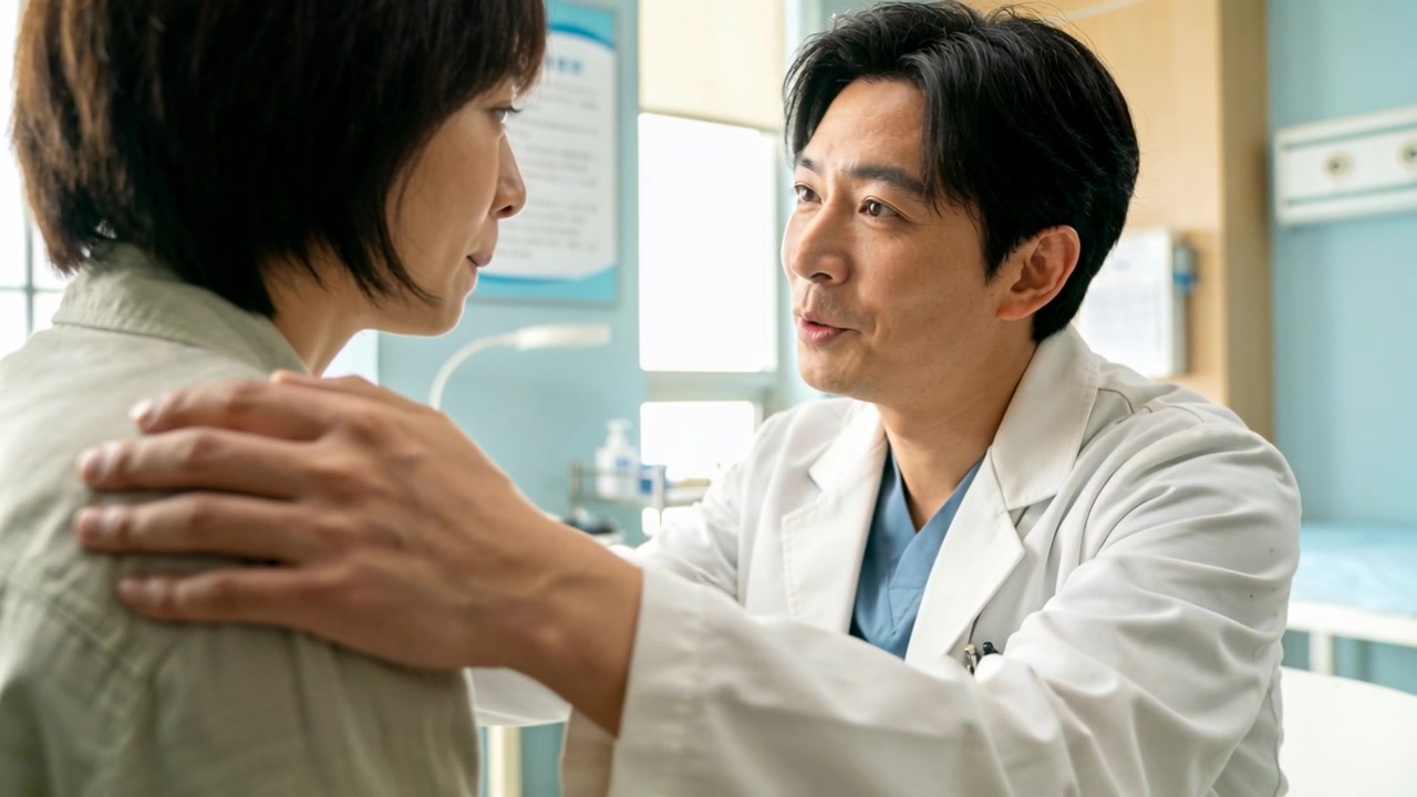 診察室で、白衣とスクラブを着用した身をかがめる医師が患者の肩に手を置き、安心させている。