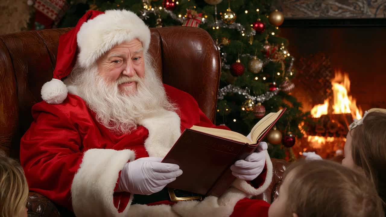 Reading Santa in red suit opening book in leather chair by tree, fireplace for children listening