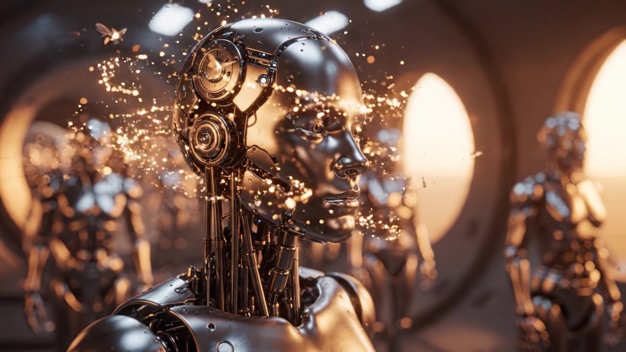 Exploración futurista de robots humanoides avanzados que muestran intrincados diseños metálicos y componentes electrónicos en un entorno futurista y visualmente impactante.