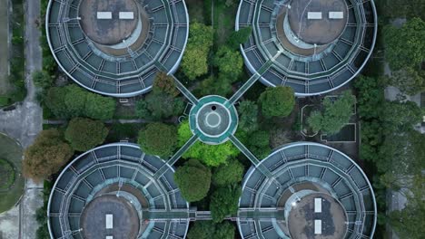 drone aerial view of waterworks pool and tanks, top view