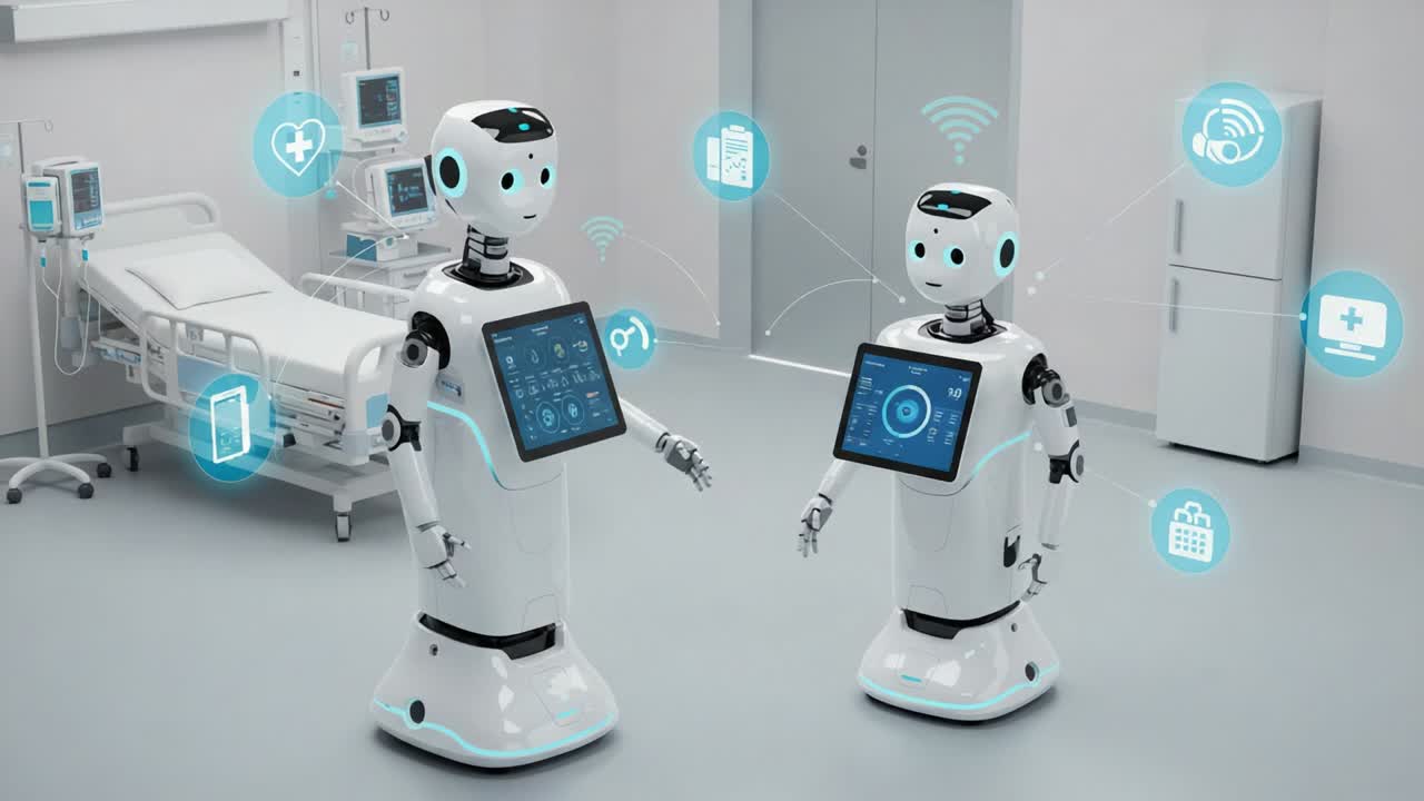 Two Innovative Healthcare Robots Interacting in a Modern Medical Environment, Showcasing Advanced Technology, Communication, and Patient Care Support Features