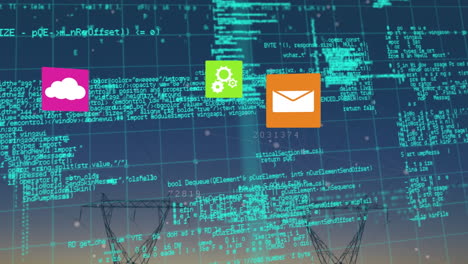 animación del procesamiento de datos sobre íconos y pilones de medios.
