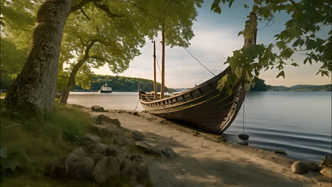 boat sitting on shore of lake, serene, tranquil waterside scene