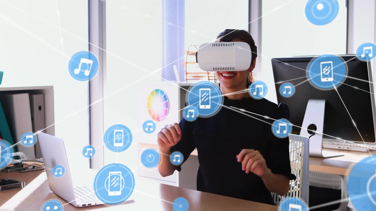 Animation of networks of connections and businesswoman wearing phone vr headset