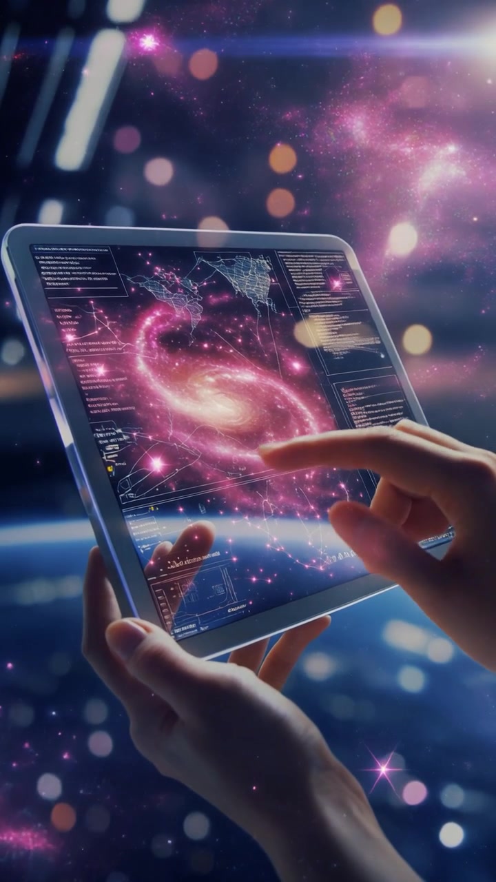 Persona con dati galattici futuristici su un tablet digitale