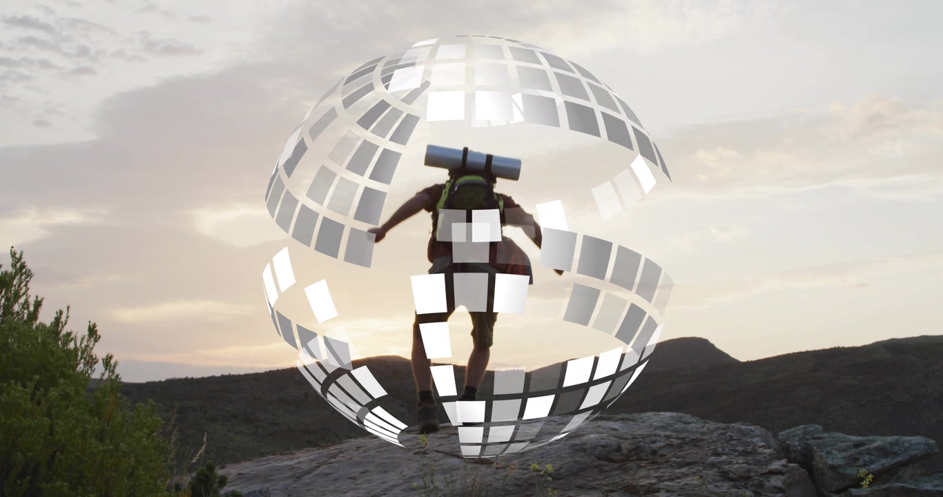 Hiker nearing summit at sunset, tech animation forming mosaic sphere around figure marking triumph