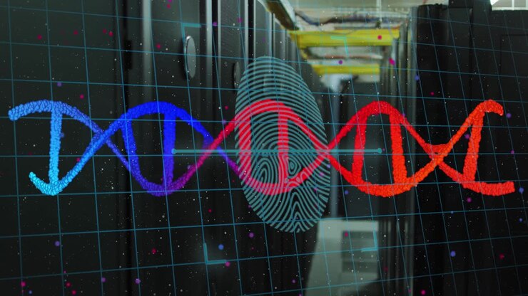Animation of dna strand with biometric fingerprint over computer servers