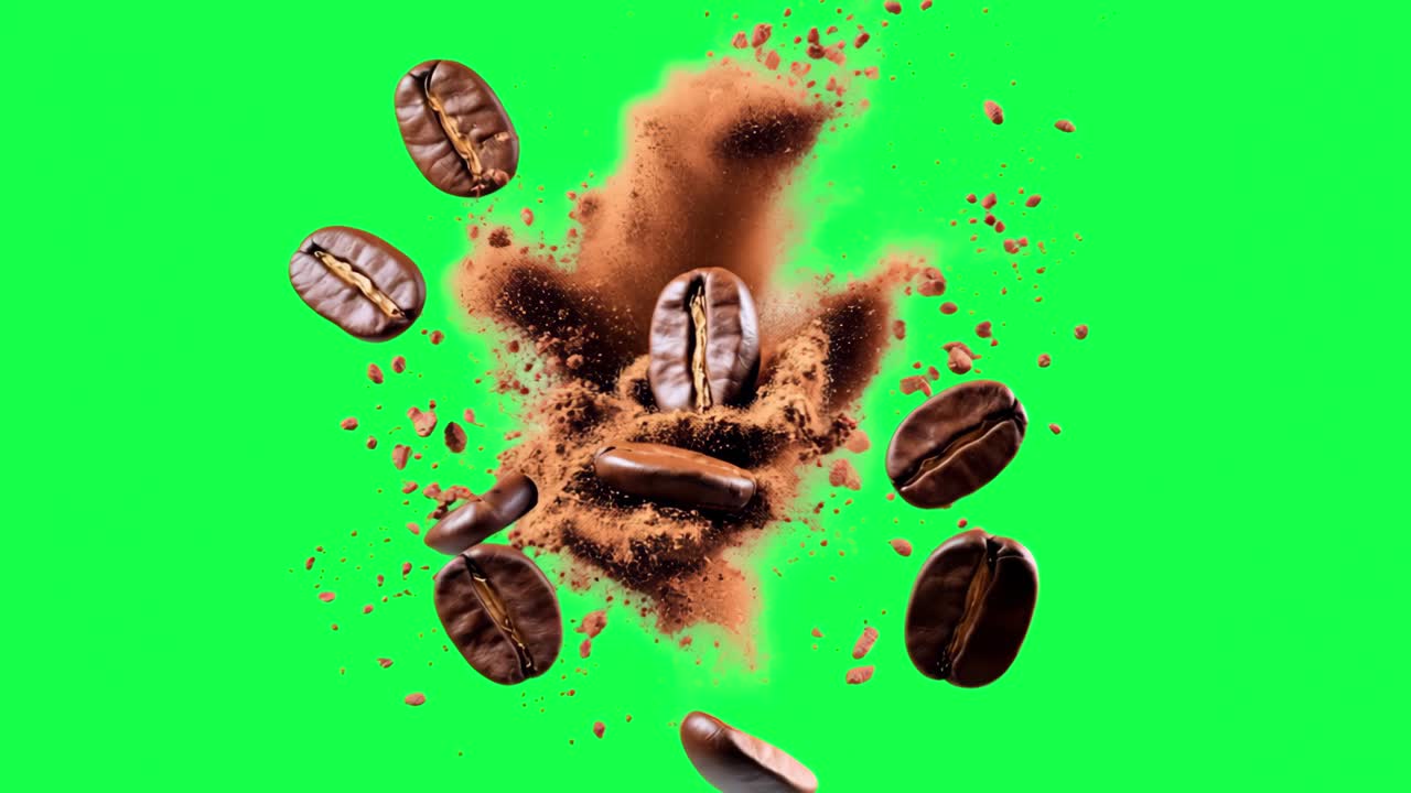 Coffee beans with flying powder animation, transparent 4K video, green screen