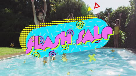 flash sale text animation over people enjoying swimming pool with colorful graphics