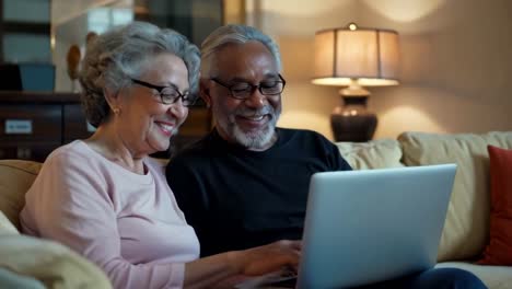 a happy senior couple sits together on a couch at home, using a laptop.