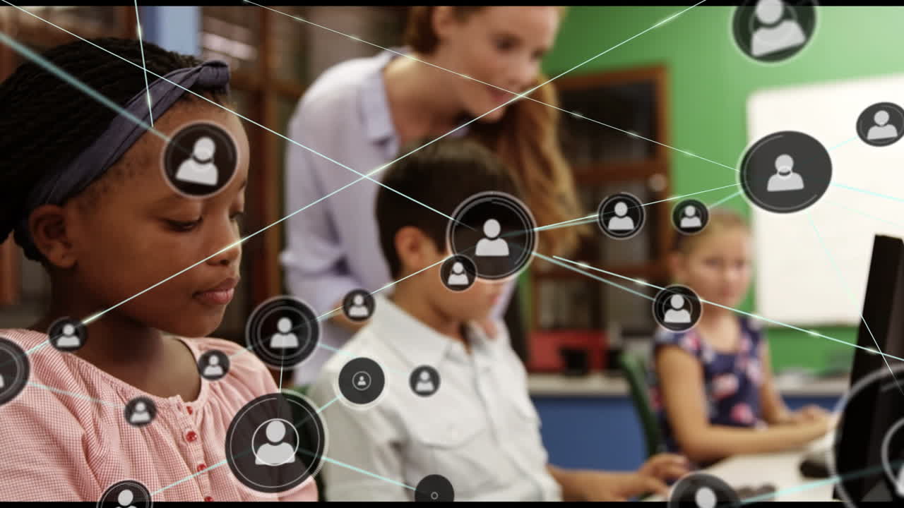 animación de la red de conexiones con iconos sobre diversos escolares que utilizan computadoras