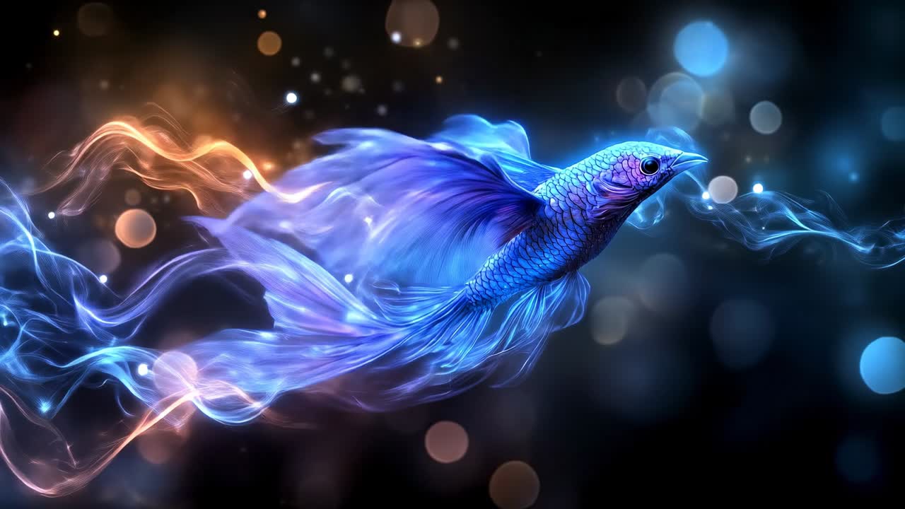 Pesci vivaci in acqua vorticosa. Un pesce scivola con grazia nell'acqua con scie colorate e bolle su uno sfondo scuro.
