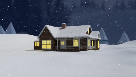 Nieve-Cayendo-Sobre-Una-Casa-En-El-Paisaje-Invernal-Contra-El-Cielo-Nocturno
