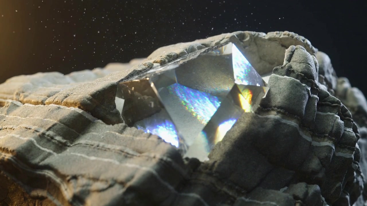 Lumières changeantes exposant les facettes d'un prisme de cristal en macro studio dans une crevasse rocheuse, avec une lueur chaude et de la poussière.