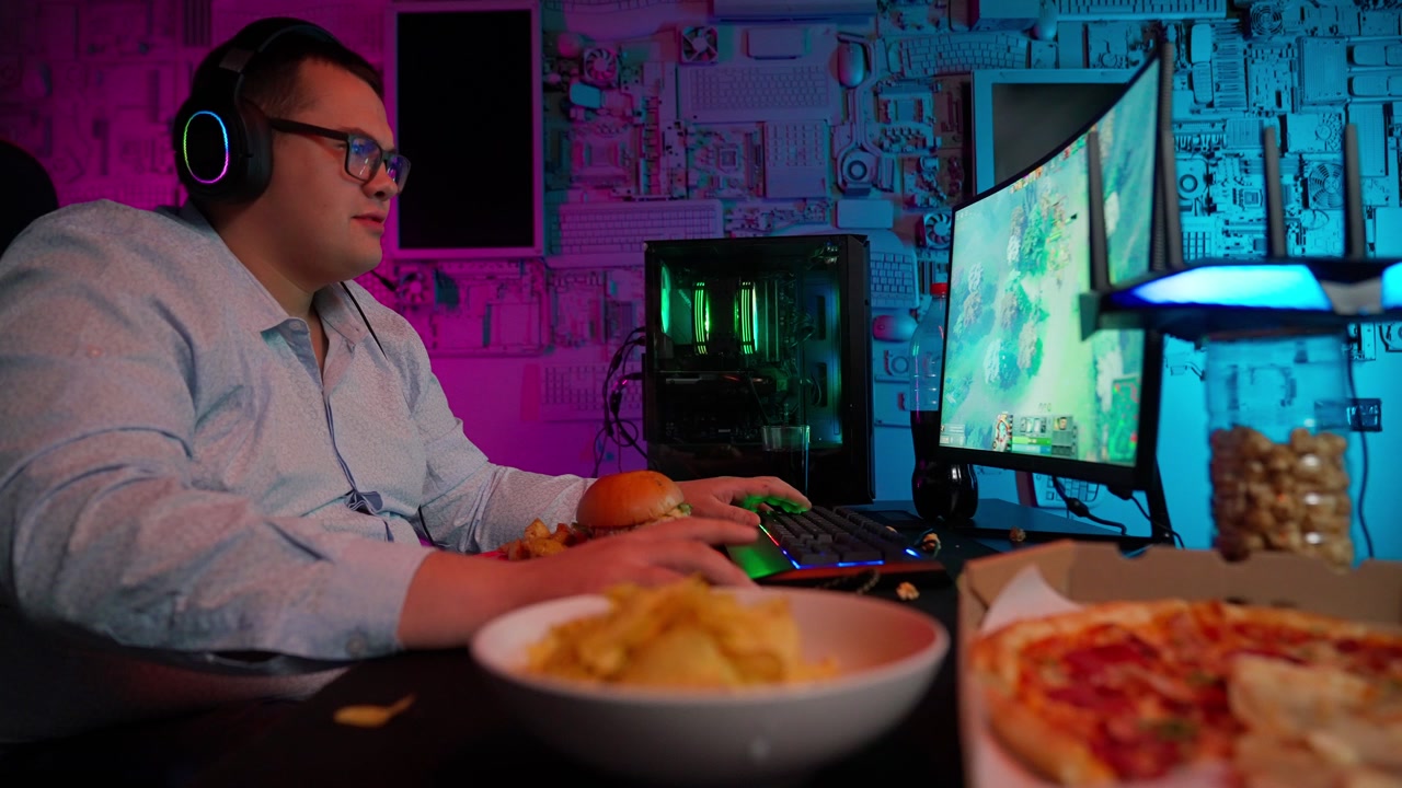 Young Man Gaming at Computer Desk with Pizza and Chips