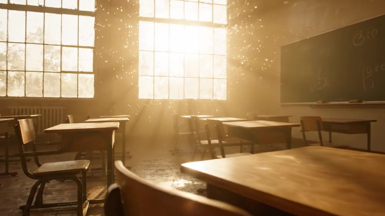 Atmosfera serena in aula: luce solare che filtra attraverso finestre impolverate, illuminando banchi vuoti e creando un ambiente di studio pacifico.
