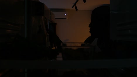 person searching in refrigerator at night