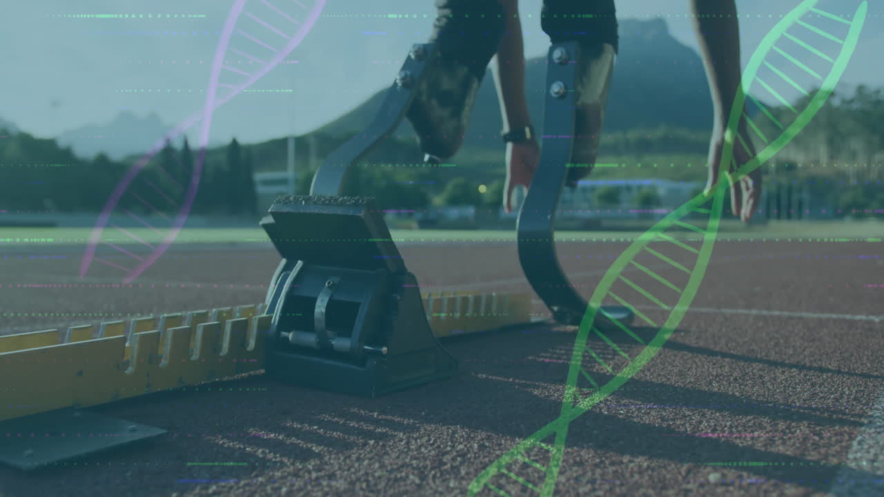 Athlete with prosthetic legs at starting block, DNA strand overlay animation