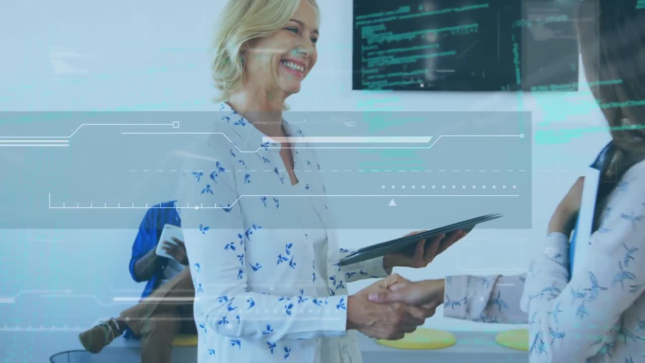 animación del procesamiento de datos sobre el apretón de manos de la gente de negocios