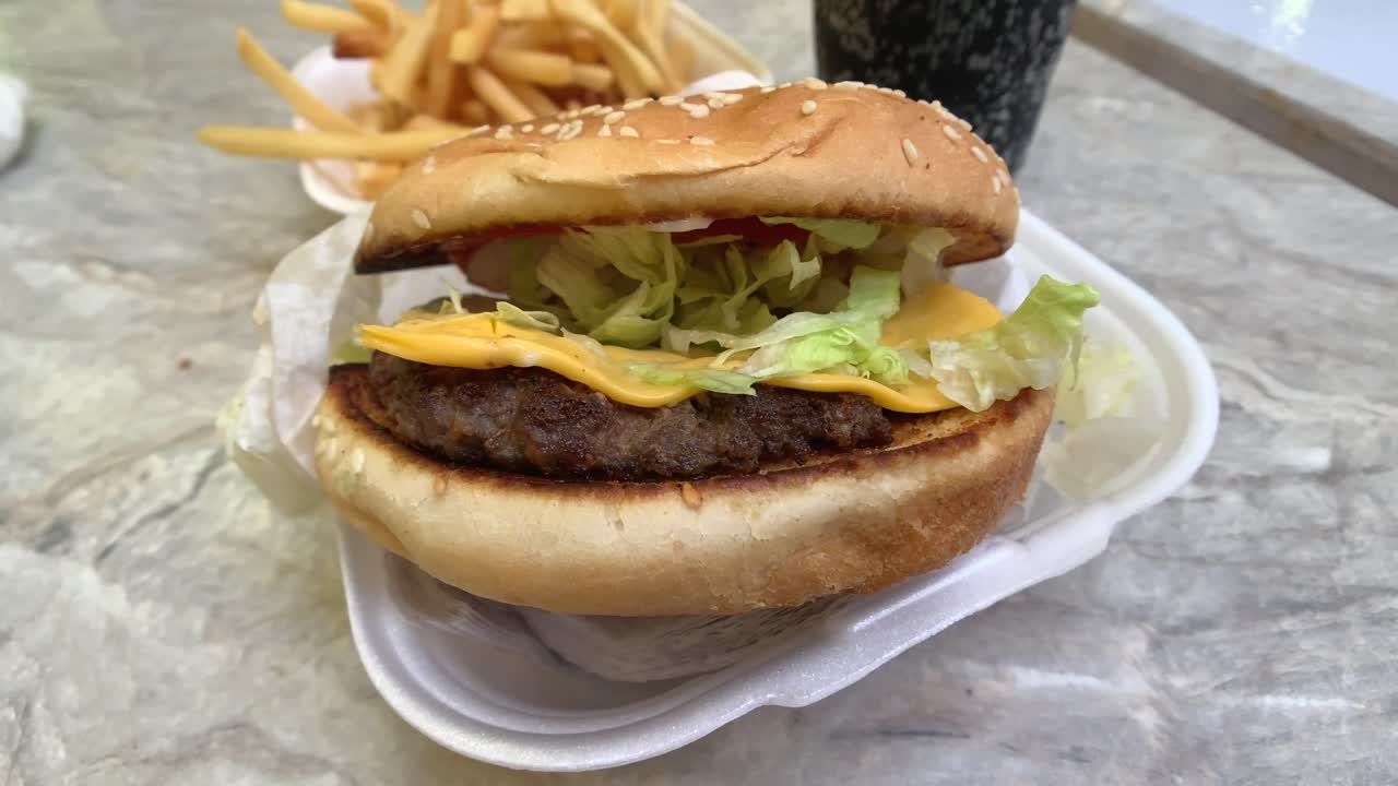 hamburguesa con queso y patatas fritas, cerrar