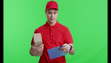 delivery person with package and clipboard