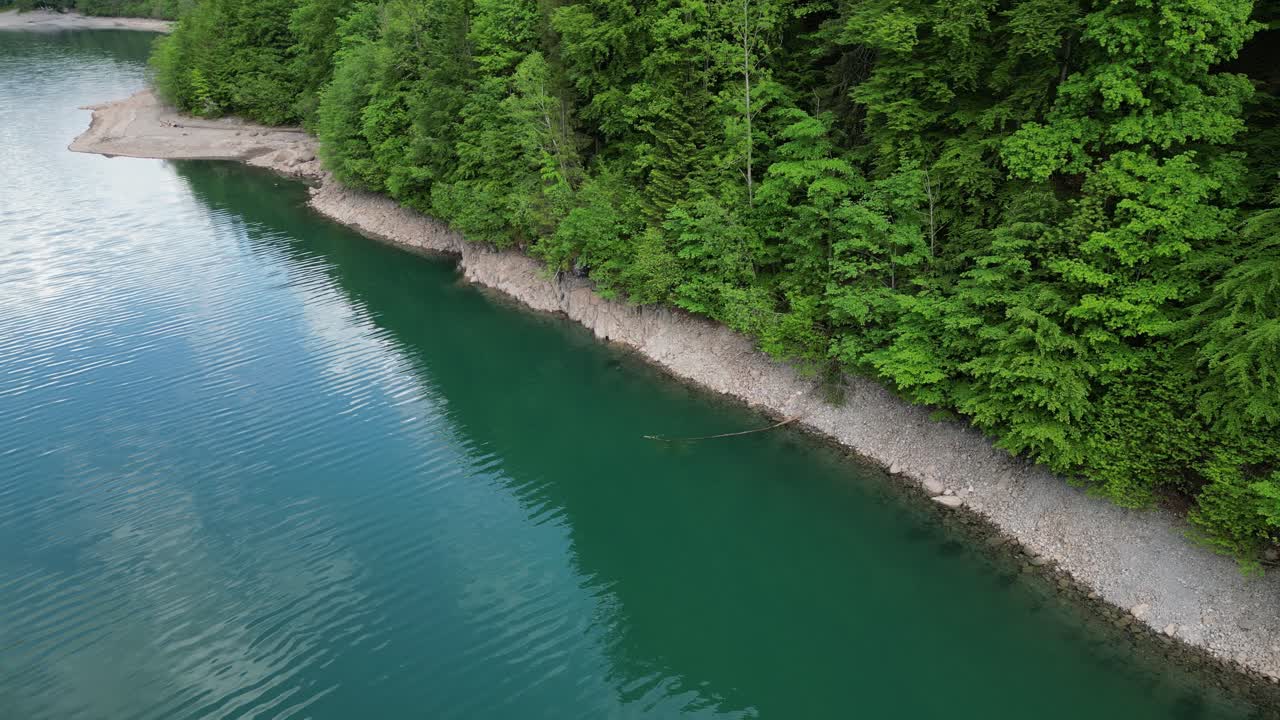 Drone flight over lake watery of the Kl&ouml;ntalersee Glarus Kanton, Switzerland