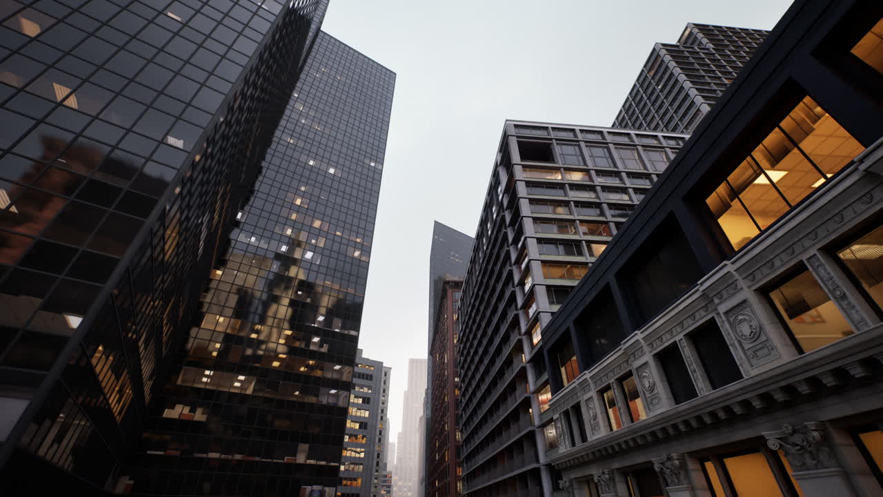 Centro financeiro urbano animado por janelas iluminadas e tráfego intenso ao entardecer