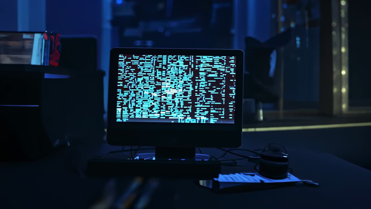 Tracking camera moving toward dark server desk, focusing on glitch code monitor and blurred racks