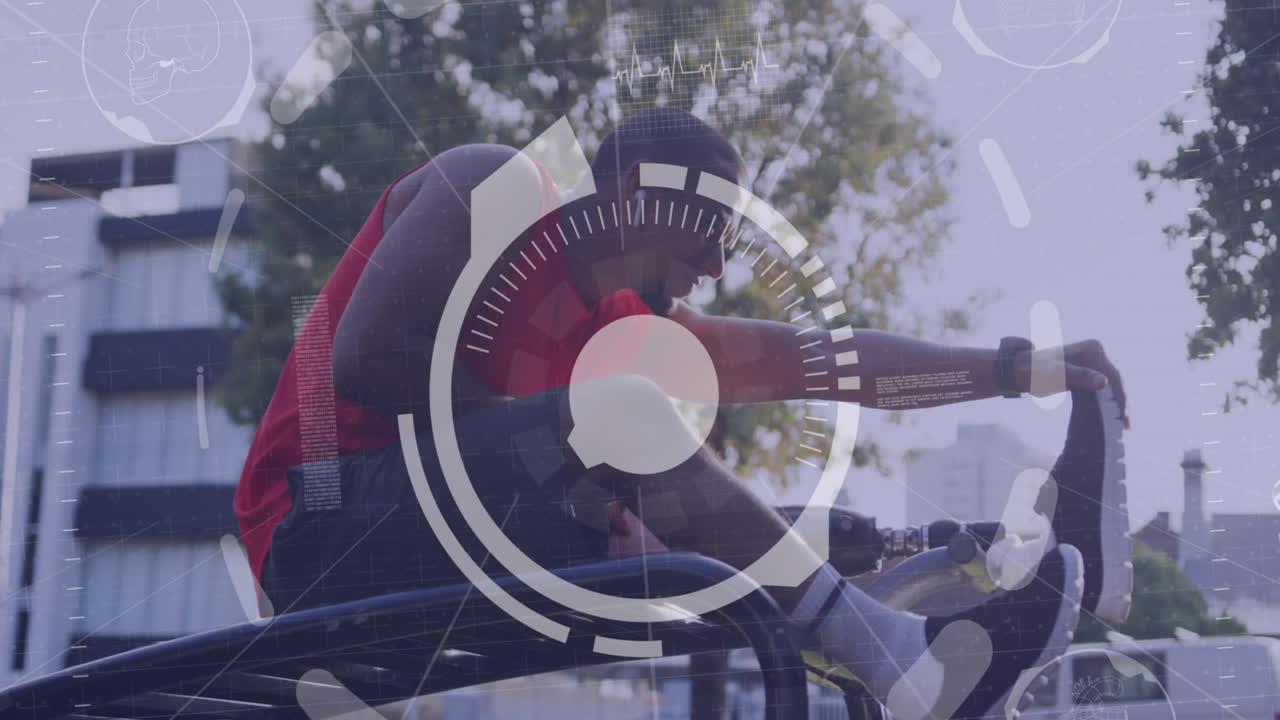 animación del procesamiento de datos del escáner sobre un atleta masculino con prótesis de pierna haciendo ejercicio al aire libre