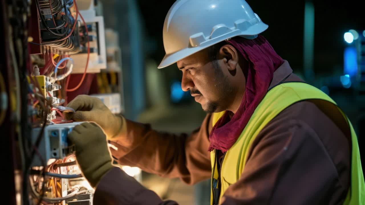 Close-up video shot of a construction worker in a hard hat and vest, focused and working at night