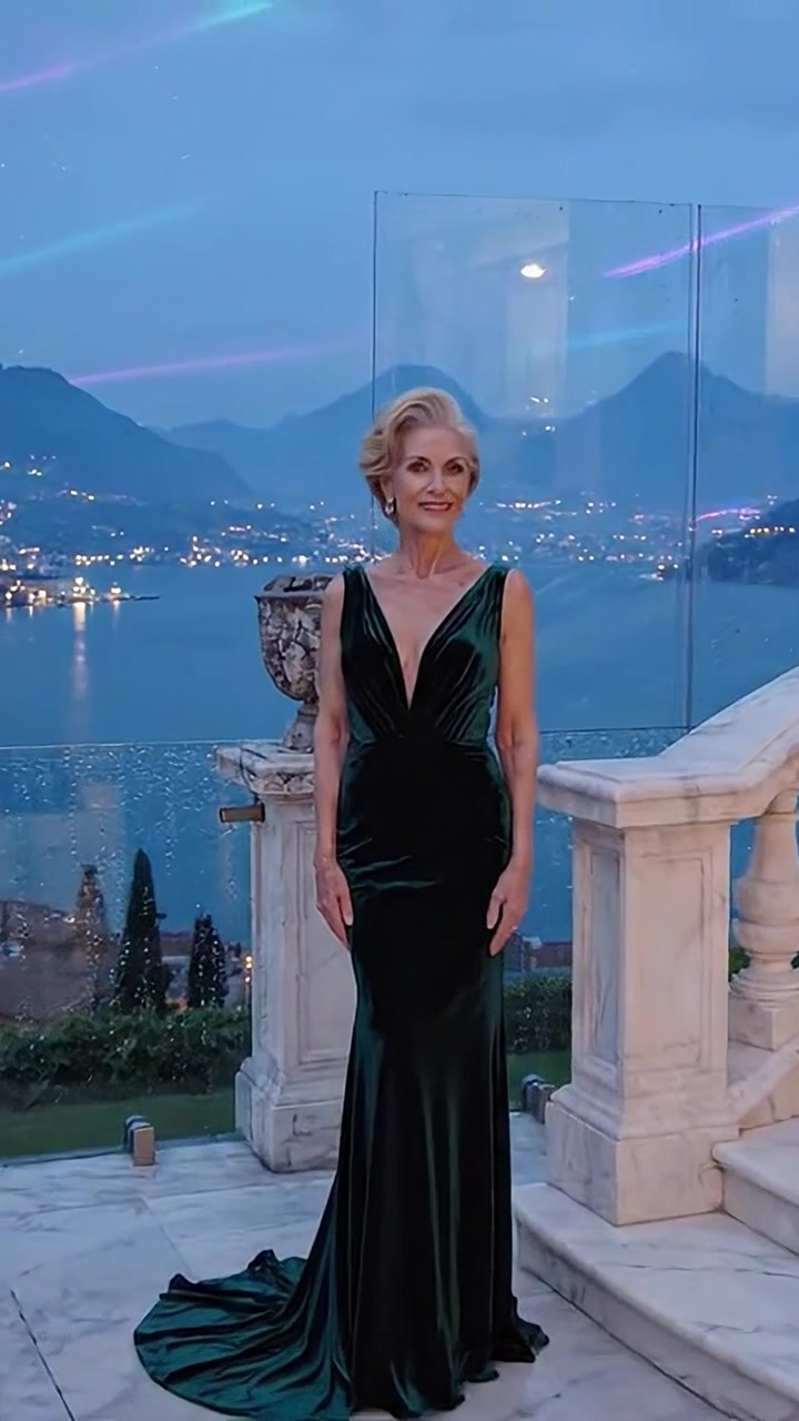 Donna elegante in un abito verde glamour in una posizione panoramica che si affaccia sul lago sereno con uno sfondo montuoso, durante un'atmosfera serale crepuscolare.