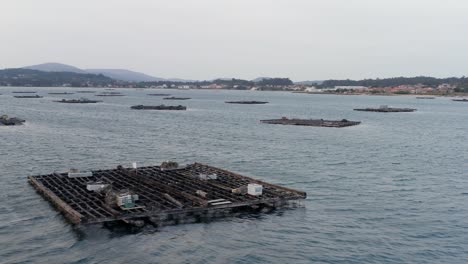 Mussel-bateas-floating-in-Ria-de-Arousa,-Galician-coast-in-background