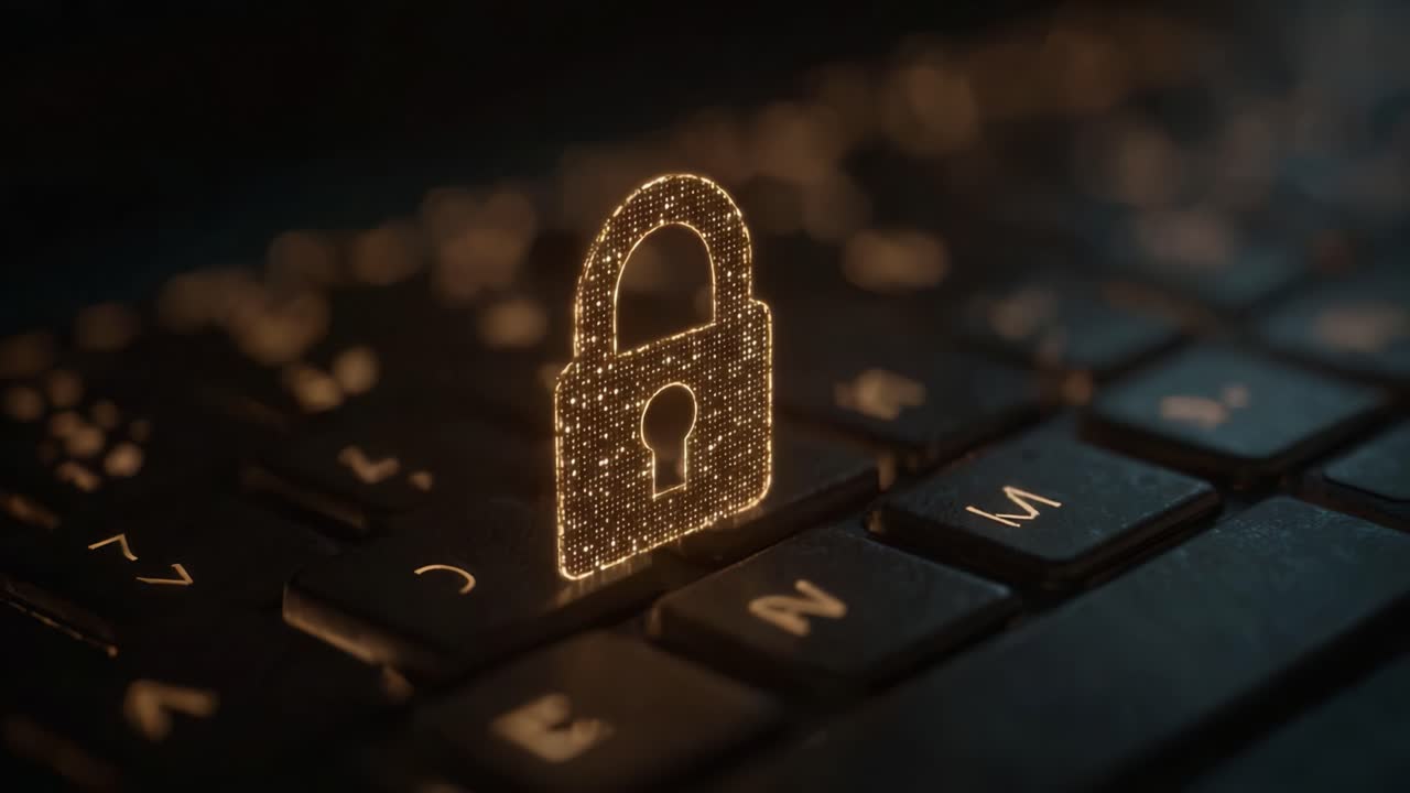 A Glowing Digital Lock Symbolizing Cybersecurity and Data Protection on a Keyboard With an Elegant Illuminated Design Highlights the Importance of Safe Online Practices