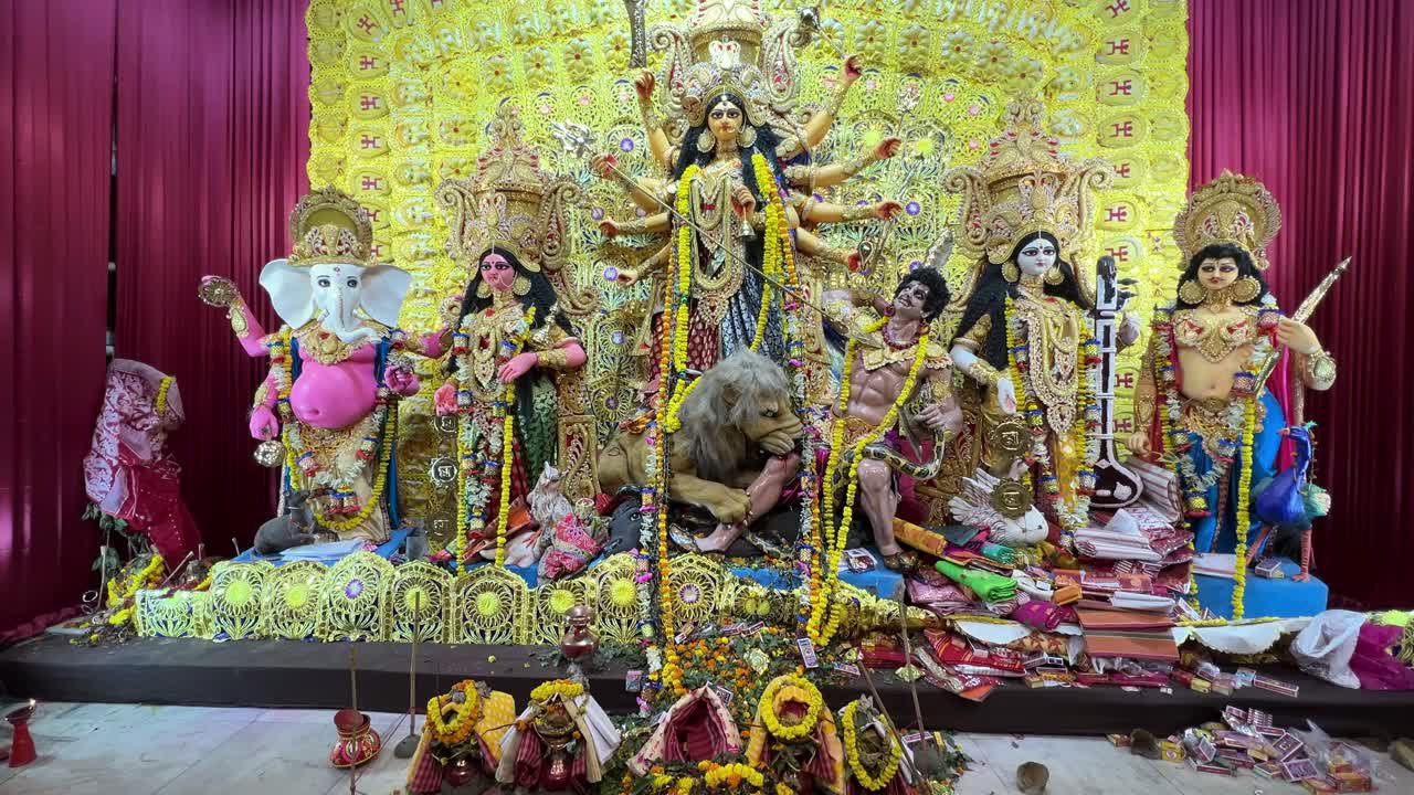 Wide shot of beautifully decorated Goddess Durga in Kolkata.