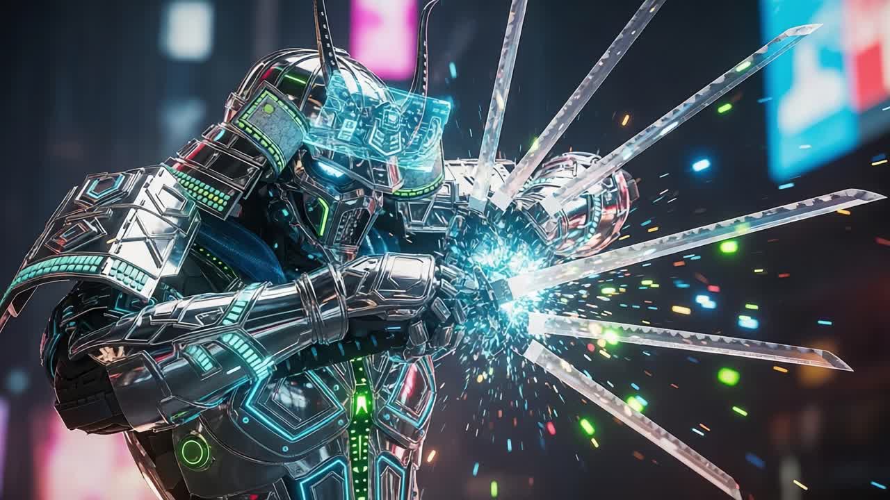 AHighly Detailed Cyber Samurai Warrior Using Futuristic Blades in a Dynamic Urban Setting, Exhibiting Vibrant Light Effects and Intricate Armor Design