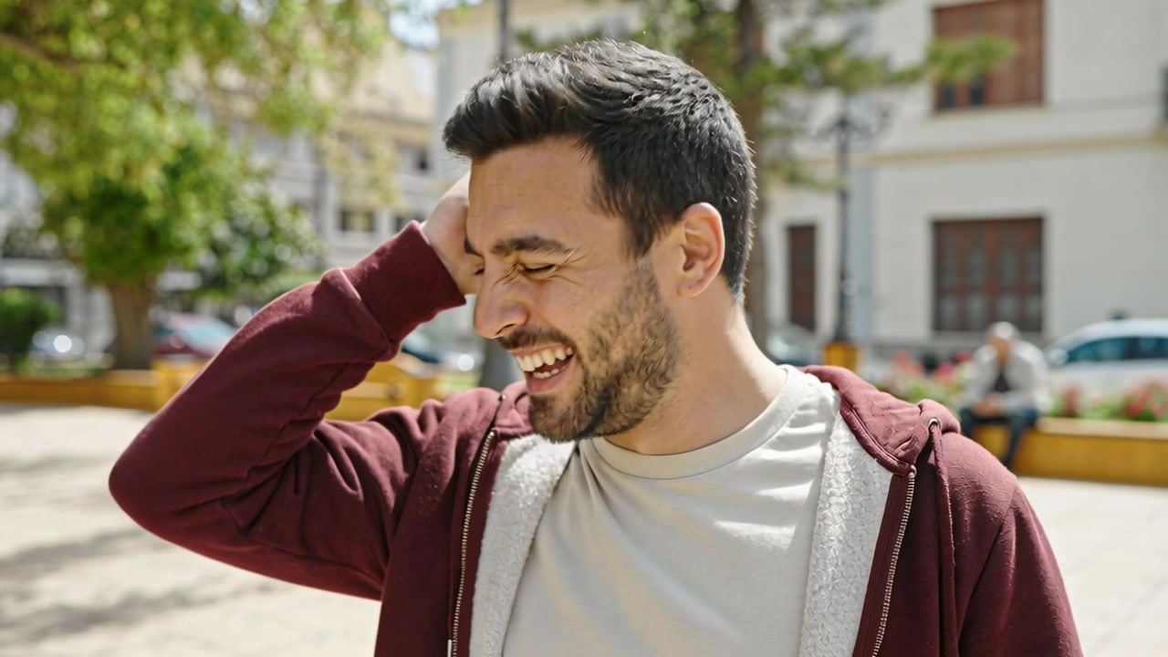 Uomo che ride, si porta la mano dietro la testa in una piazza della città, reagendo a una voce fuori campo, con felpa bordeaux.