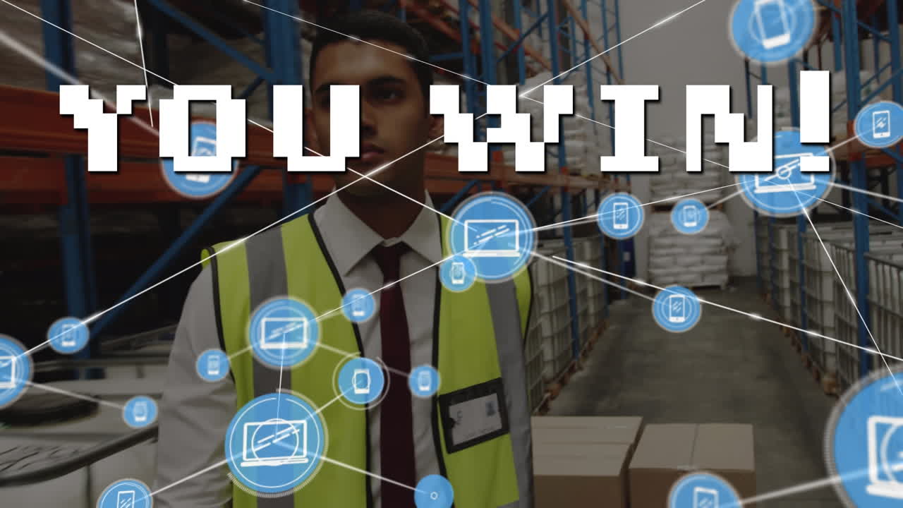 아이콘으로 연결된 네트워크의 애니메이션과 함께 두 인종의 창고 노동자보다 더 많은 텍스트를 얻습니다.