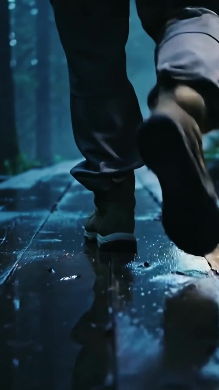 Video verticale: Primo passo, pantaloni scuri con risvolto e stivali color oliva che camminano nella nebbia su assi bagnate.