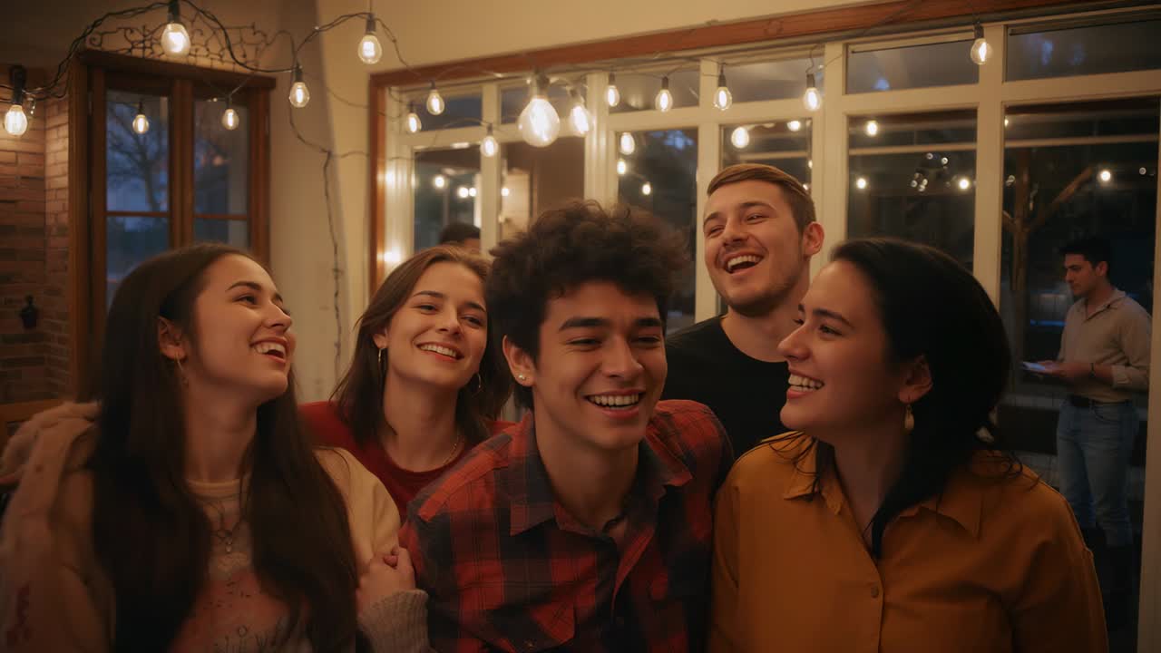 Amici che scattano foto, si appoggiano e posano per la fotocamera vicino a una grande finestra con luci decorative e una camicia a quadri