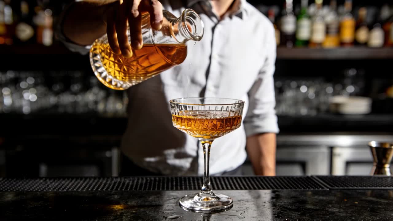 Barista con camicia chiara e maniche arrotolate che versa da una caraffa riempiendo una coppa al bancone per servire.