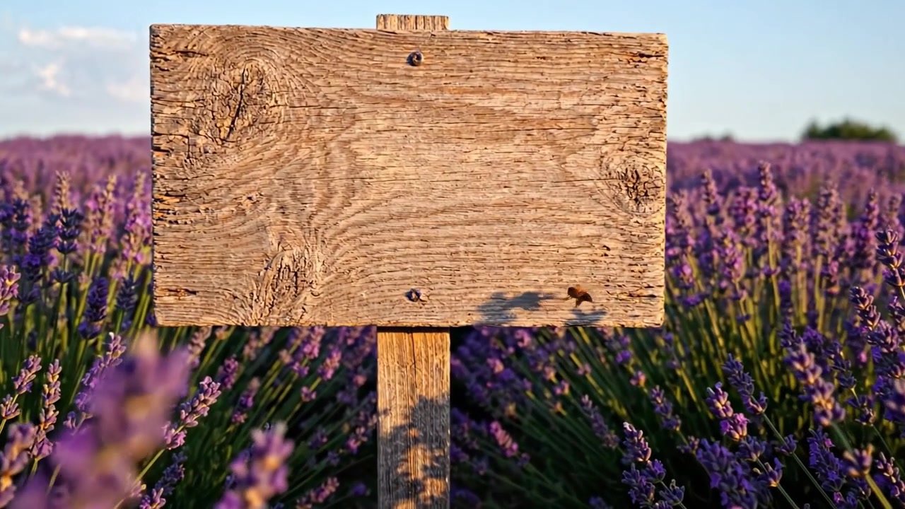Una serena escena de campo de lavanda con un cartel de madera rústico rodeado de vibrantes flores moradas, capturando la esencia de la tranquilidad y belleza de la naturaleza.