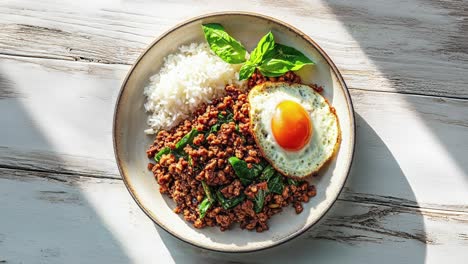 delicious pad kra pao with rice and fried egg on plate