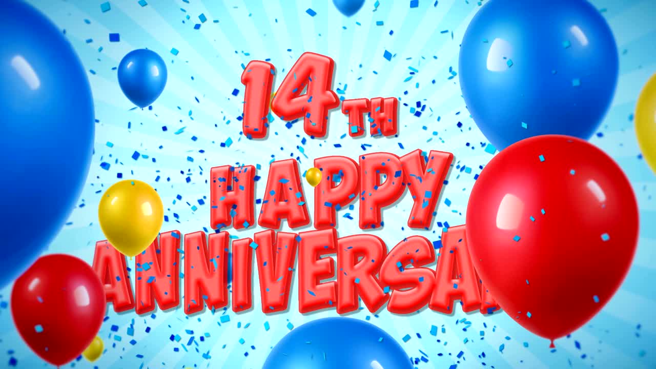 14주년 축하 은 텍스트는 콘페티 팝퍼 폭발, 떨어지는 반이는 입자, 다채로운 날아다니는 풍선, 소원, 인사, 파티, 초대, 카드에 대한 원활한 루프 애니메이션에 나타납니다.