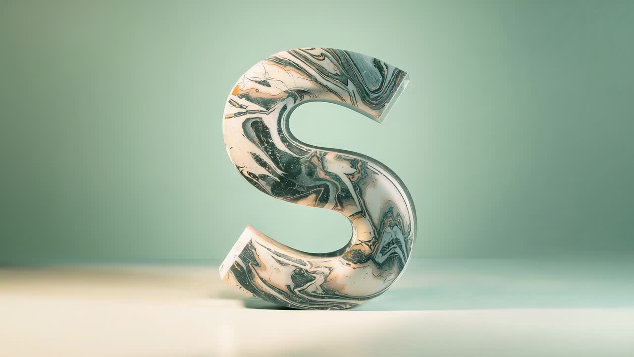 Sweeping golden light illuminating marble-textured letter S on shiny studio base, revealing swirls