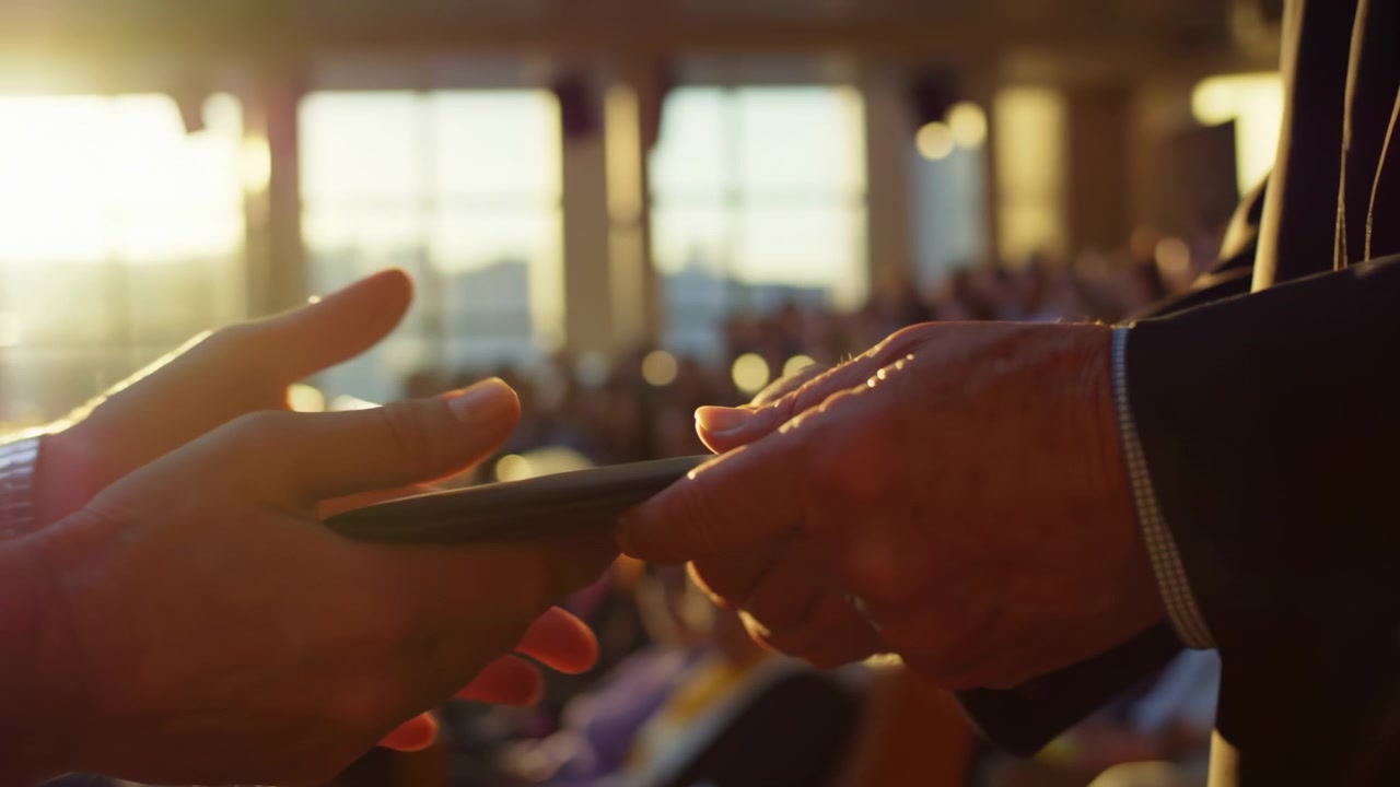 Two pairs of hands exchange thin rectangular object at low eye level in indoor ceremony setting; younger hands receive while older hands in suit and wristwatch release, contact point centered in